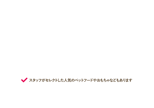 スタッフがセレクトした人気のペットフードやおもちゃなどもあります